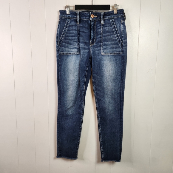 American Eagle High Rise Jeggings Crop Skinny Jeans Frayed Stretchy Dark Size 10 - Picture 4 of 14